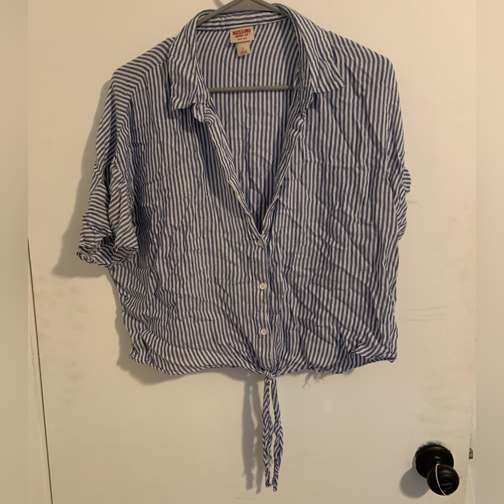 Blue and white striped button down shirt with tie
